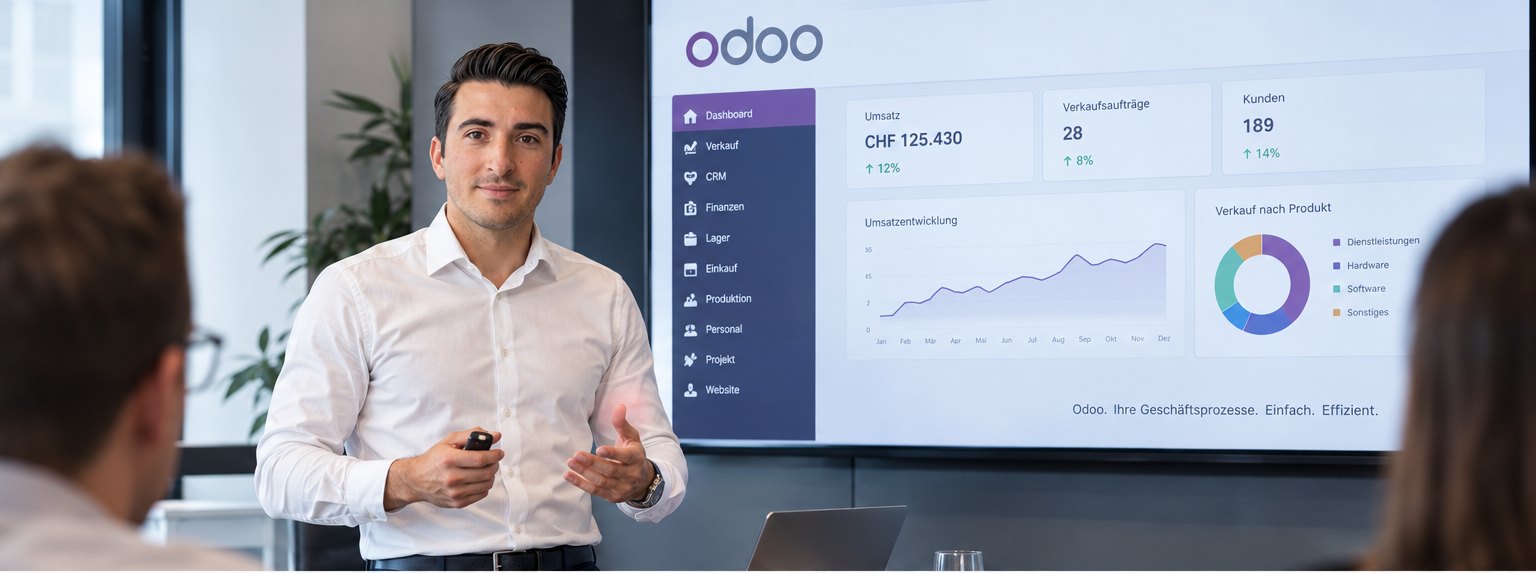 Artem Petraschow (KAPEO Solutions) erklärt ein Odoo-Dashboard